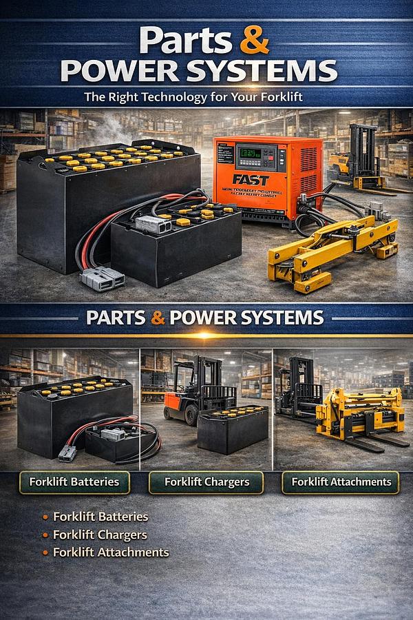 “Forklift Parts & Power Systems – Batteries, Chargers & Attachments”