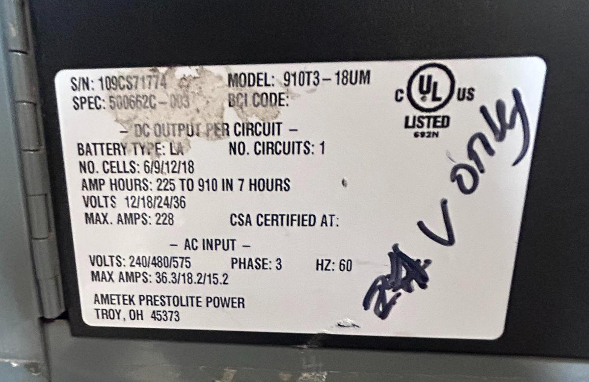 “Ametek Prestolite charger dataplate showing model 91D73‑18UM, serial 10C51777, 24V 228A output, 12‑cell lead‑acid specs, and 208/480/575V 3‑phase input.”