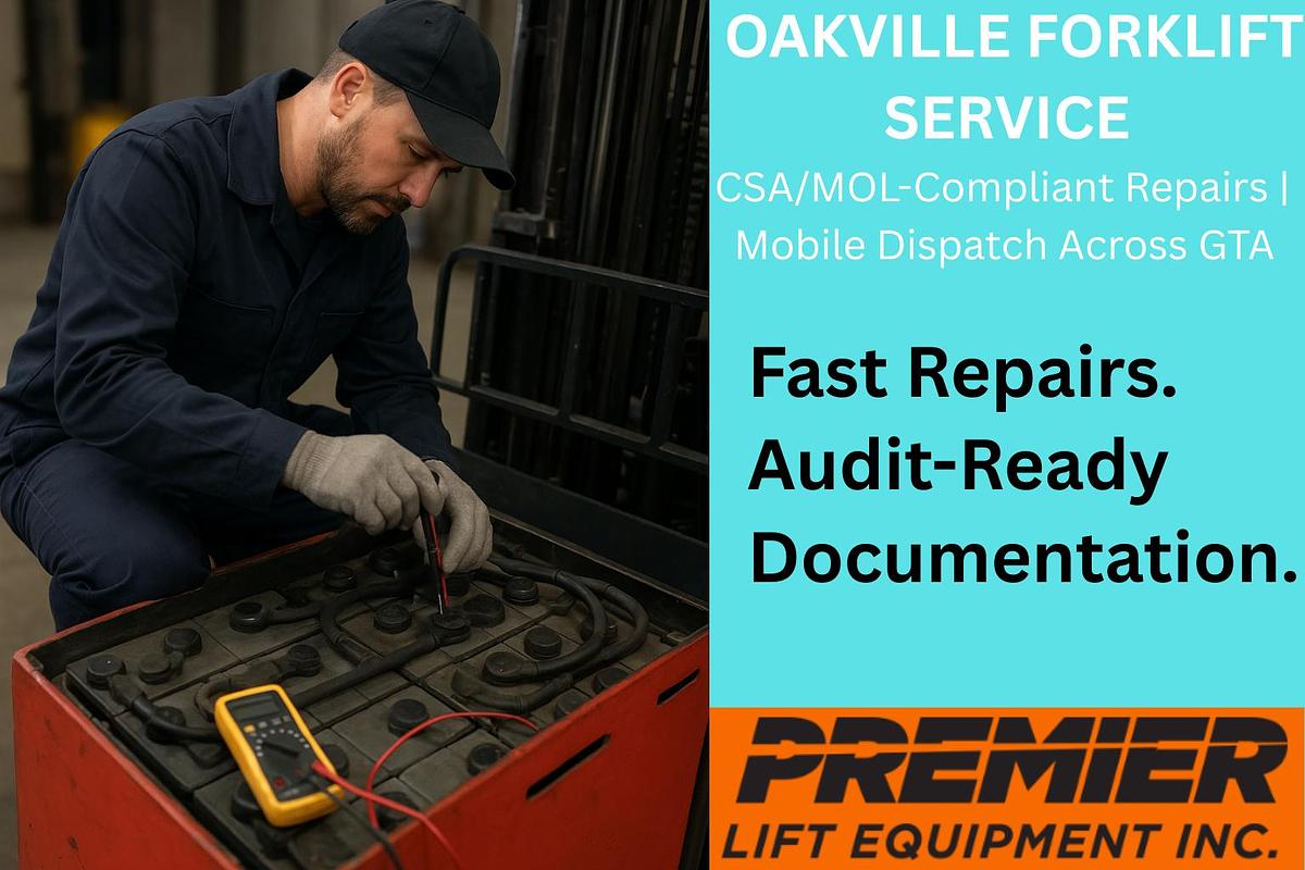 CSA-certified forklift technician performing brake and mast repairs in Oakville warehouse