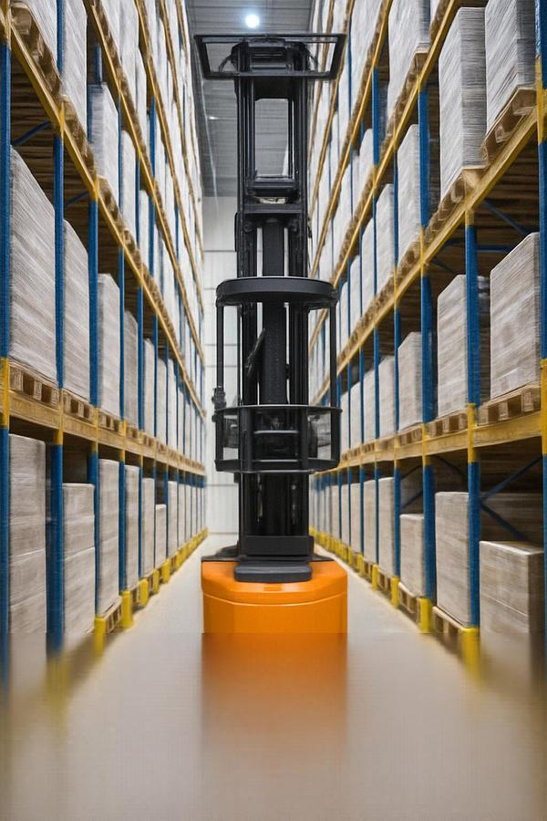Man‑Up turret truck operating in a very narrow aisle inside a high‑bay warehouse, VNA forklift for high‑density storage and CSA‑approved narrow aisle applications