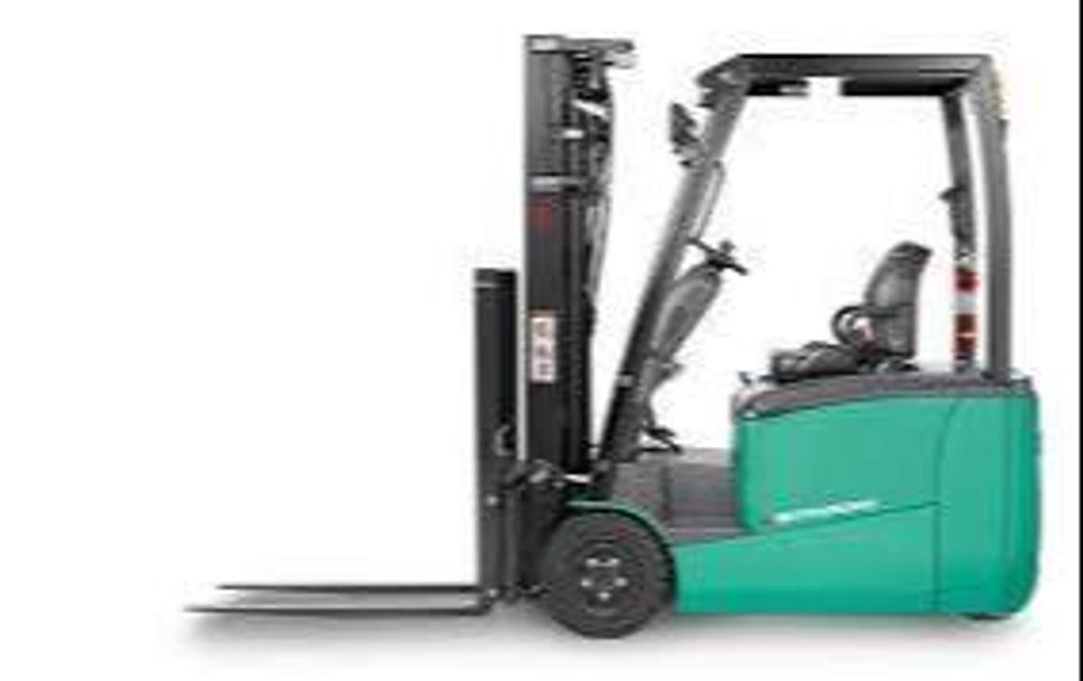 Side view of Mitsubishi FB18PNT 3-wheel electric sit-down forklift shown chassis only without battery or charger – CSA-certified 3,500 lb unit featuring 200” triple mast, 42” forks with side shift, solid cushion tires, and 36V AC chassis staged in Brampton ON; battery and charger available separately as extra options new or used – Premier Lift Equipment