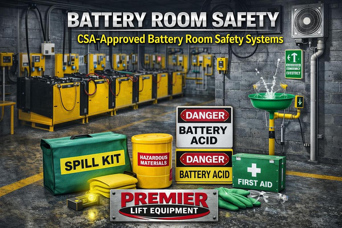 CSA‑approved battery room safety equipment including spill kits, eyewash stations, PPE, ventilation tools, and charging‑zone compliance systems