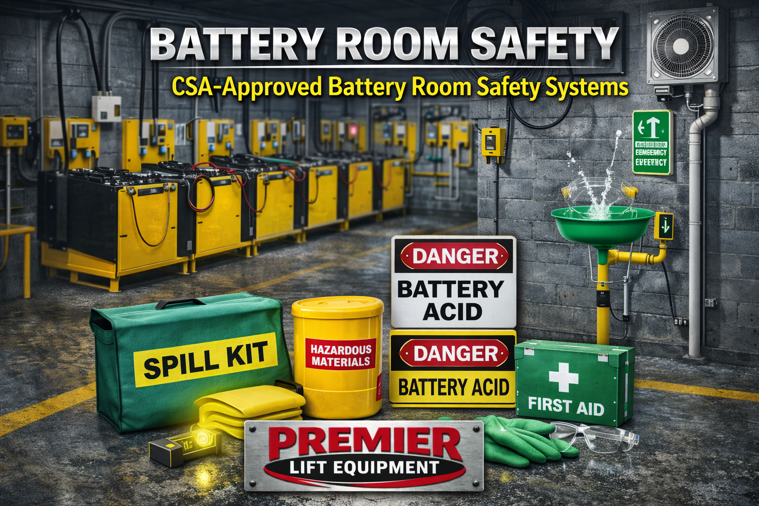 CSA‑approved battery room safety equipment including spill kits, eyewash stations, PPE, ventilation tools, and charging‑zone compliance systems