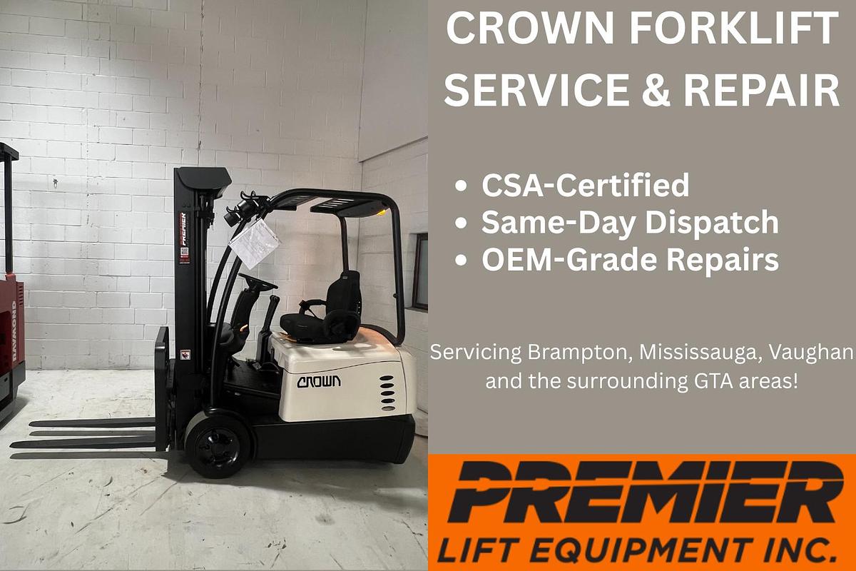 Crown forklift technician performing CSA-certified reach truck diagnostics in Concord warehouse