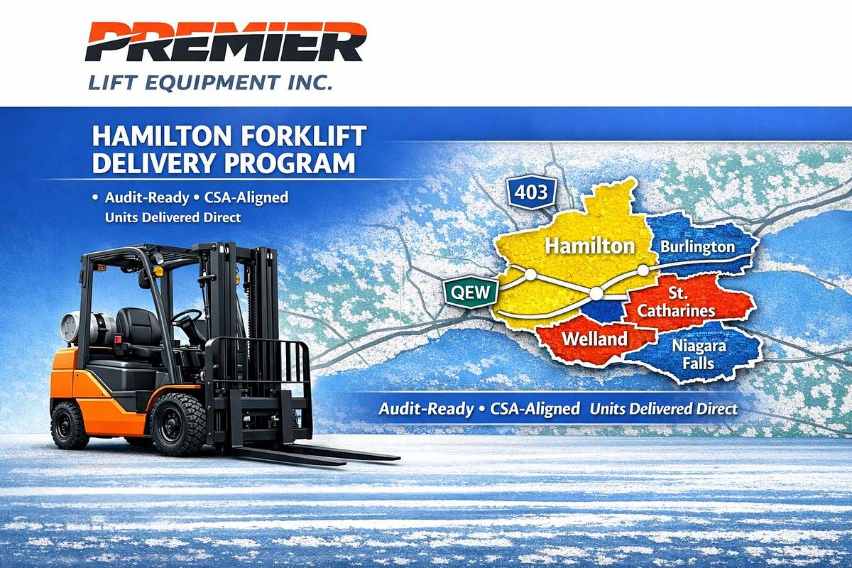 Hamilton Forklift Delivery Program — Premier Lift Equipment Inc. logo above an orange and black forklift beside a regional map highlighting Hamilton, Burlington, St. Catharines, Niagara Falls, and Welland with Highways 403 and QEW marked; text reads Audit‑Ready • CSA‑Aligned Units Delivered Direct.