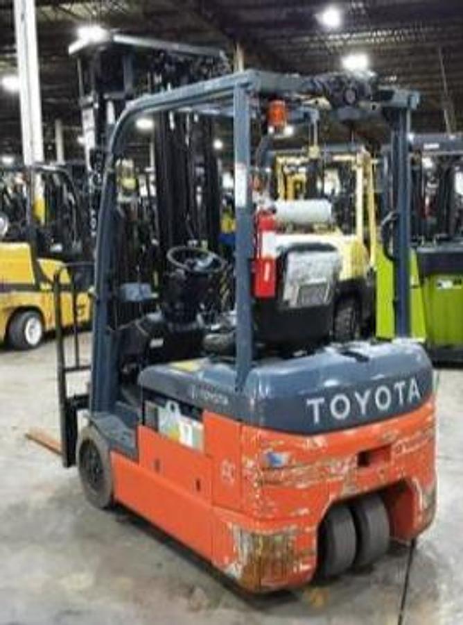 "2021 Toyota 8FBE18U electric forklift opposite rear angle 4 stage mast