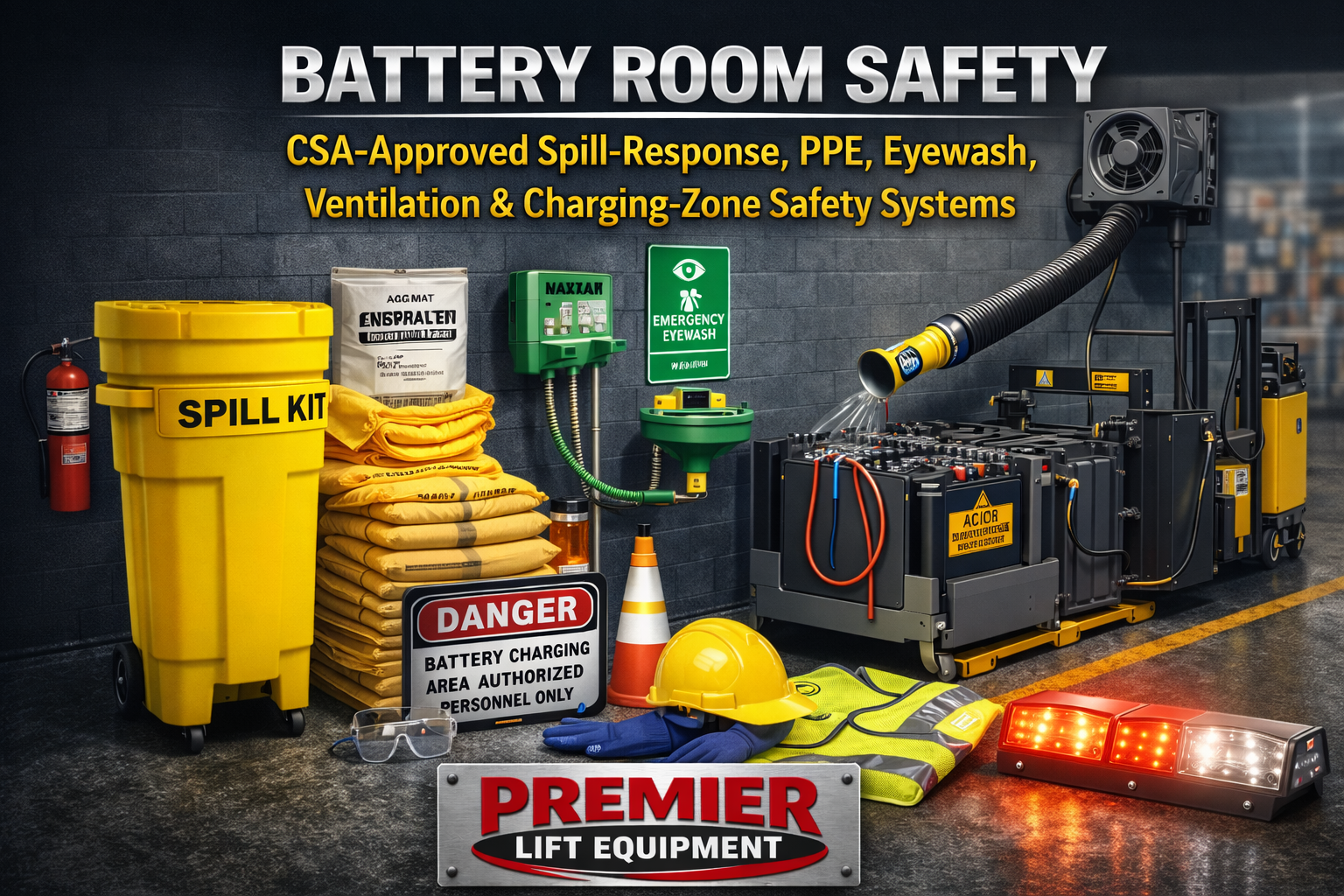Battery spill response and charging‑station safety tools including acid neutralizer stations, PPE boards, and WHMIS‑aligned emergency equipmen