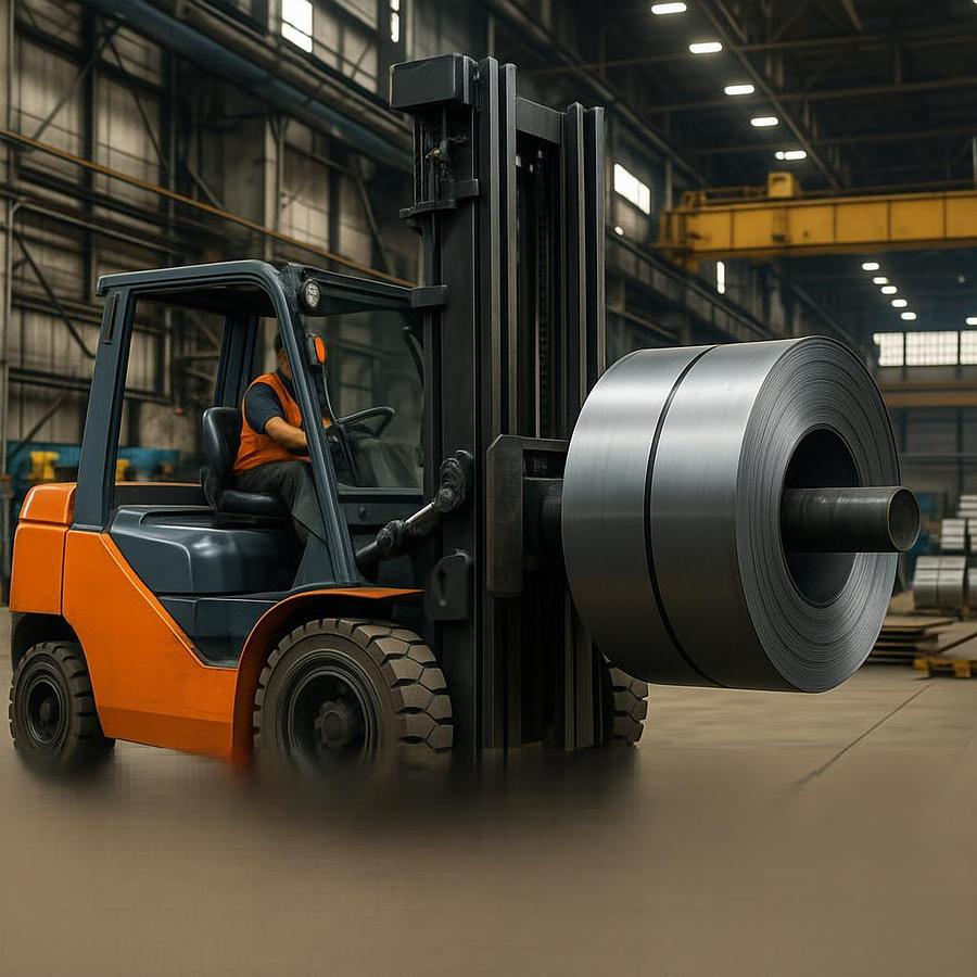 High‑capacity cushion‑tire forklift lifting a steel coil with a coil ram inside a CSA‑certified fabrication plant.
