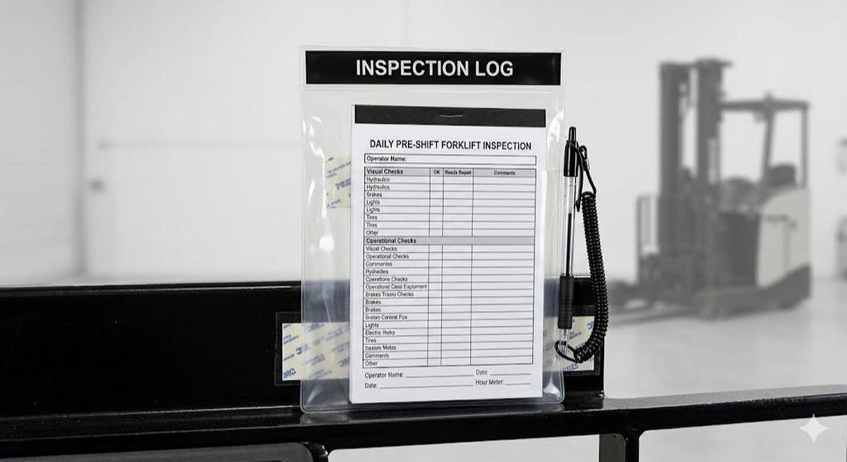 Audit-Ready Electric Narrow-Aisle Forklift Inspection Station with Comprehensive 75-Sheet MOL Checklist and Secure Pen