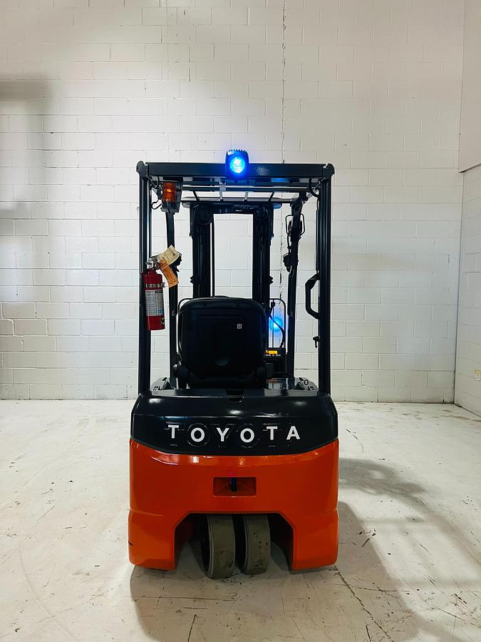 Rear view of 2018 Toyota 8FBE20U showing counterweight, 3‑wheel design, and cushion tires