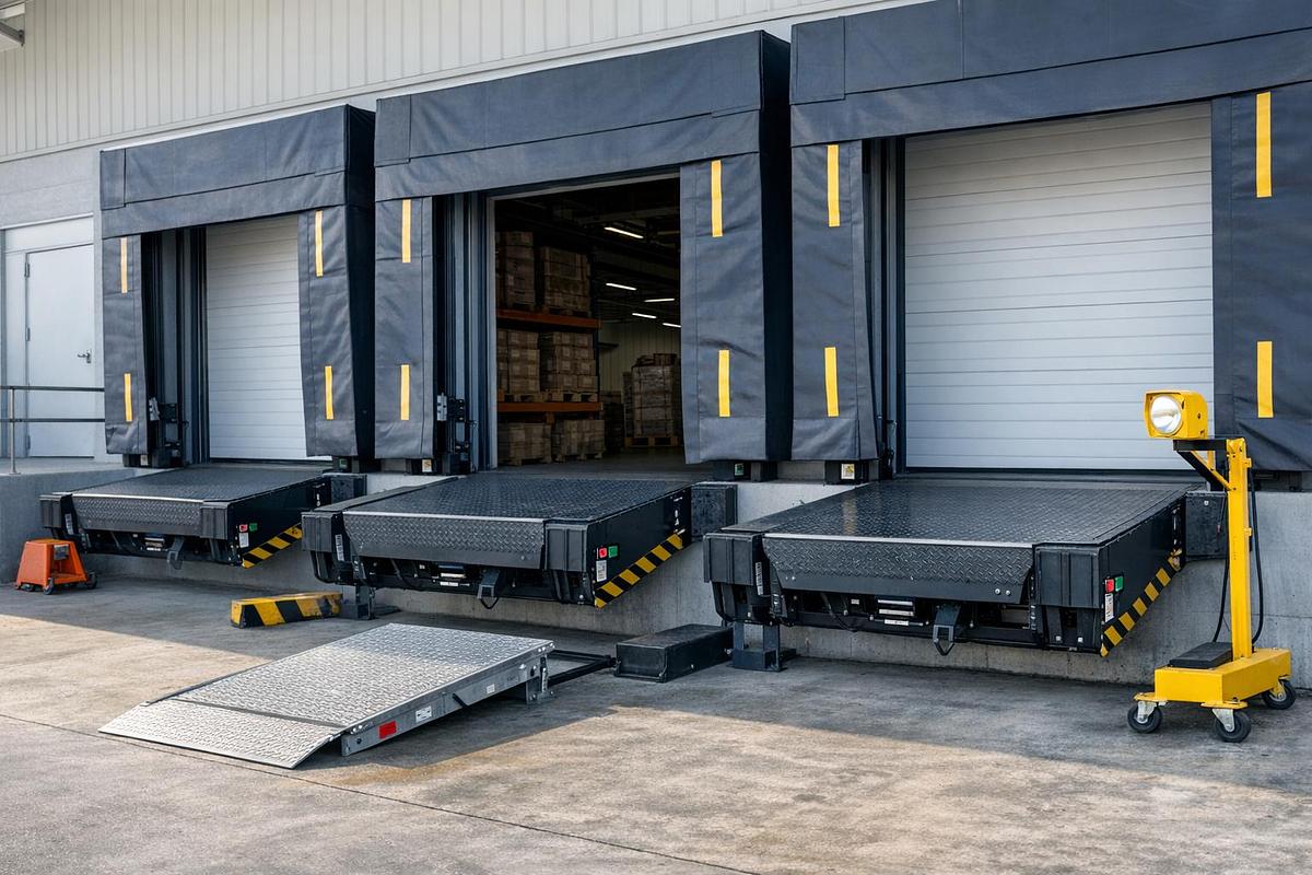 Industrial loading dock with multiple mechanical dock levelers in a warehouse facility