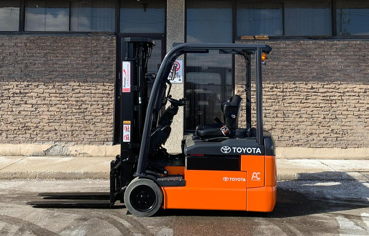 2020 Toyota 8FBE20U electric 3-wheel forklift with CSA certification deployed in Mississauga for indoor warehouse operations
