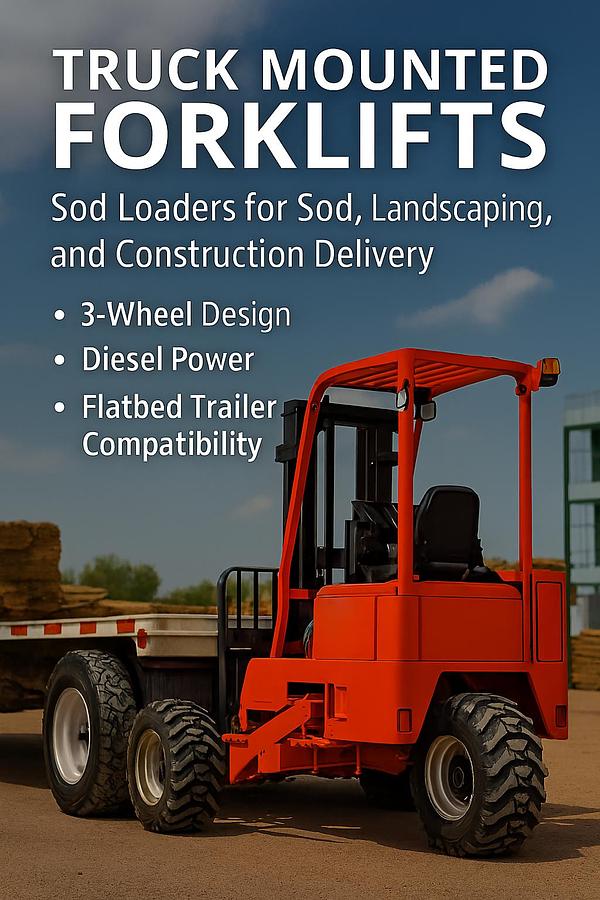 Heavy‑duty piggyback forklift with side‑shift, 3‑wheel diesel configuration, deep‑tread tires, and rear mounting bracket for construction and landscape fleet deployment.