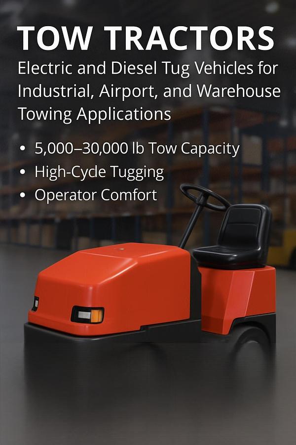 Electric tow tractor with 5,000–30,000 lb towing capacity, non‑marking tires, operator cab, and compact design for indoor warehouse and industrial cart movement.