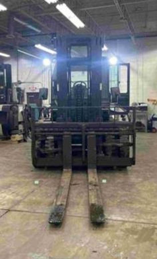 2019 Crown CD90S‑7 20,000 lb diesel forklift front view with fork positioner and 116/213-inch mast