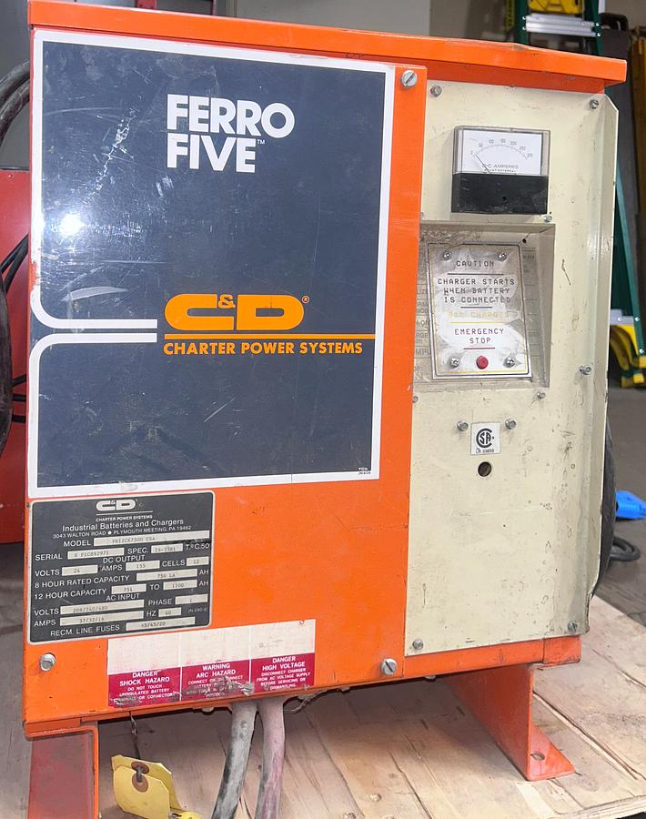 “C&D FR12C2ET750I forklift battery charger, 24V 155A lead‑acid unit with CSA certification.”
