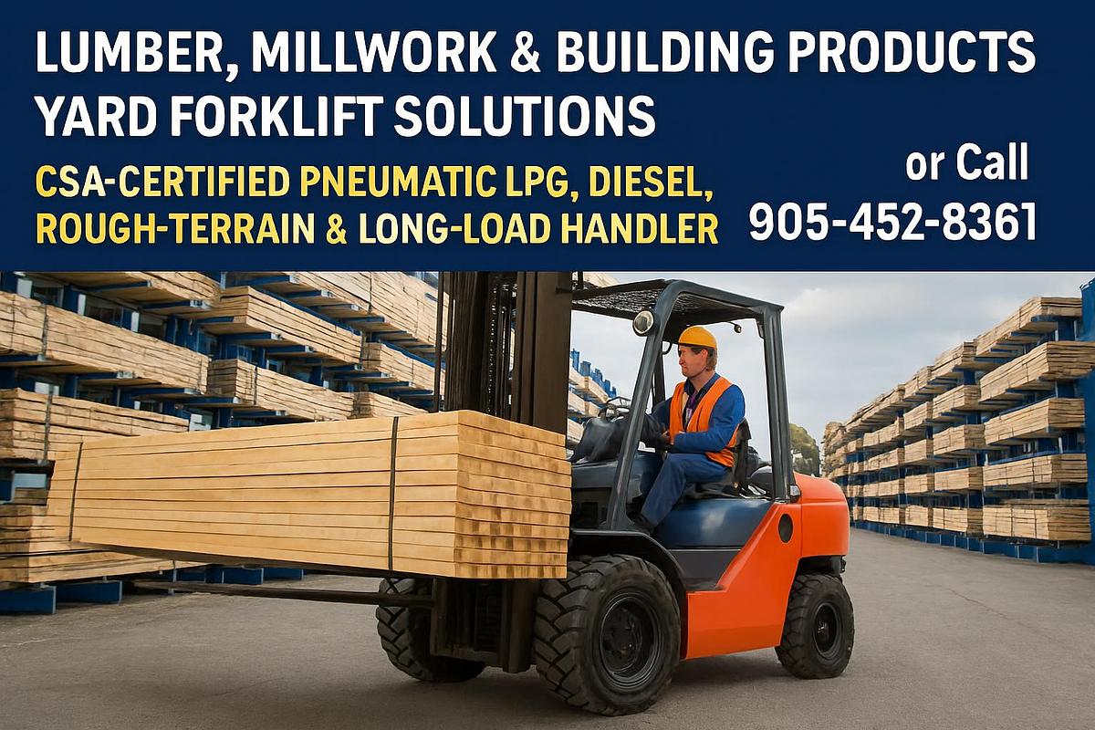 CSA‑certified pneumatic‑tire forklift with overhead guard lifting bundled lumber in an outdoor building‑products yard with long‑load racking and uneven terrain.