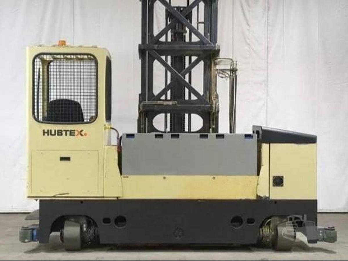 Rear view of Hubtex MQ45 electric multidirectional sideloader showing counterweight, battery compartment, and CSA-certified chassis – unit staged in Brampton ON