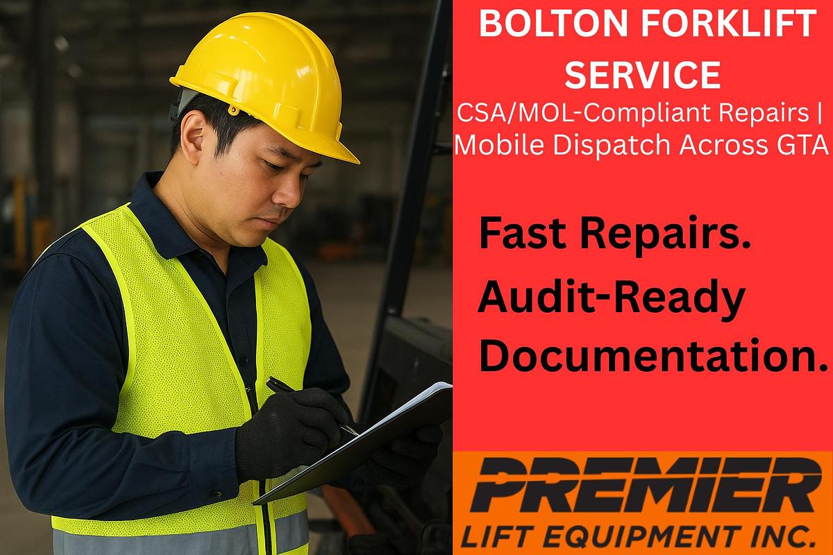 CSA-certified forklift technician performing mobile brake and mast repairs in Bolton warehouse