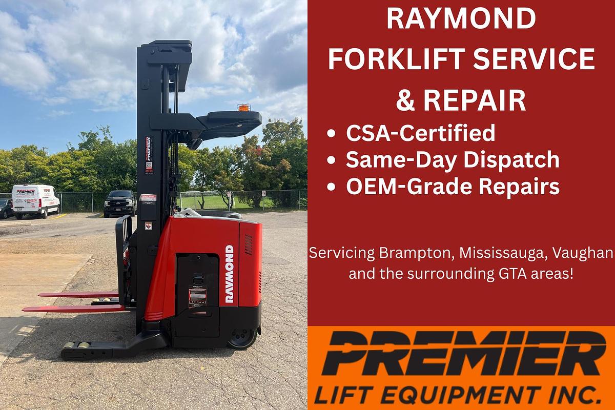 Raymond forklift technician performing CSA-certified battery diagnostics and reach truck repairs in Mississauga warehouse