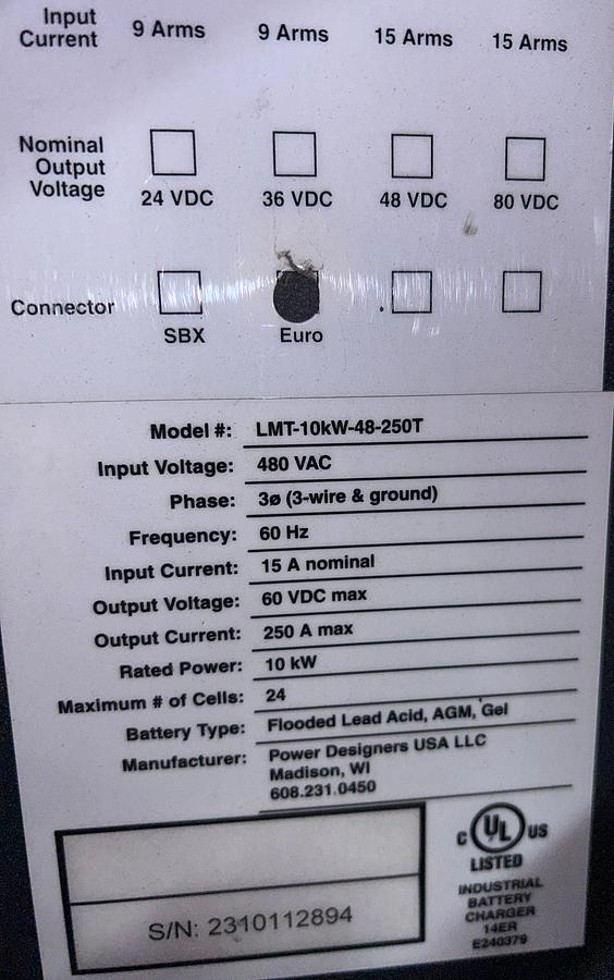 “Power Designers charger dataplate showing model LMT‑10kW‑48‑250T, 48V 250A output, 1000–1200 Ahr compatibility, and 480V 3‑phase input.”