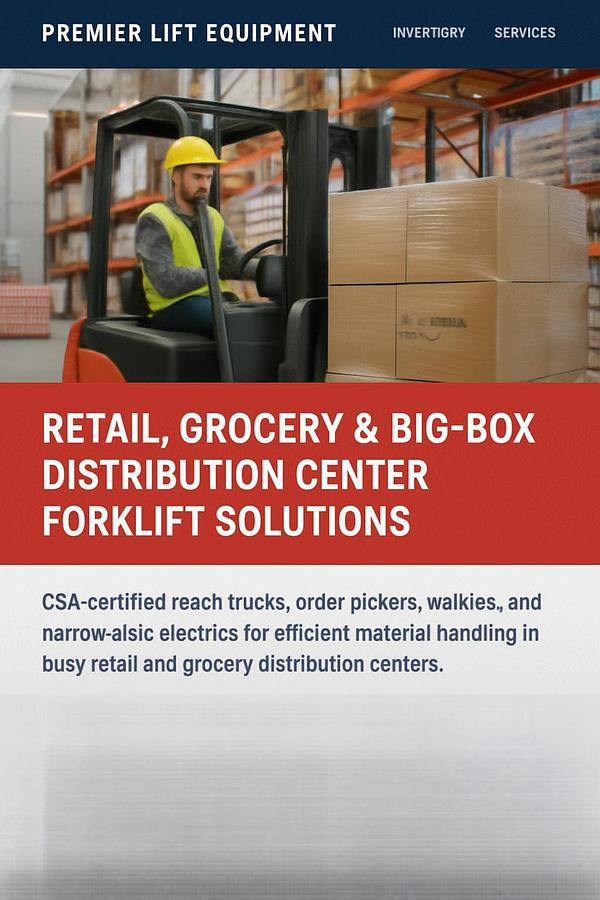 alt="High‑velocity retail and grocery distribution forklift fleet — reach trucks, order pickers and walkies engineered for narrow‑aisle case‑pick operations"