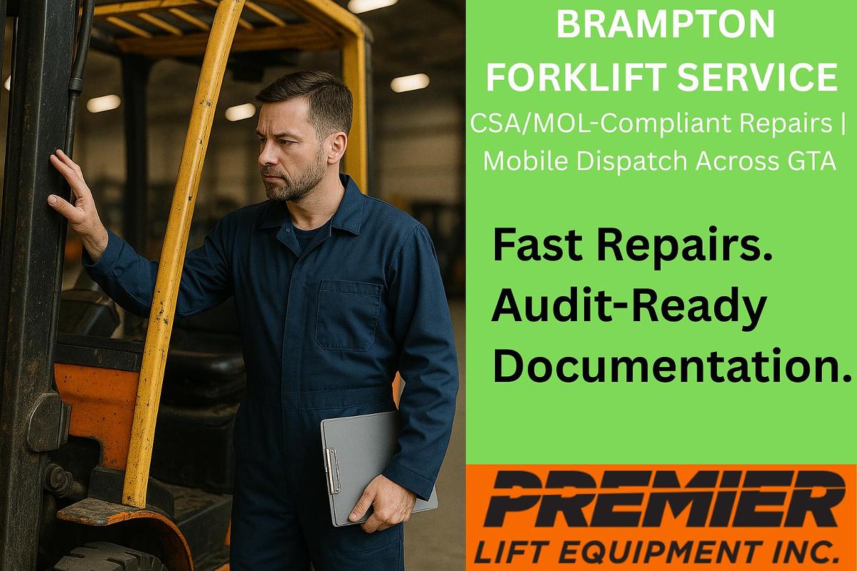 CSA-certified forklift technician performing mobile brake and safety inspection in Brampton warehouse