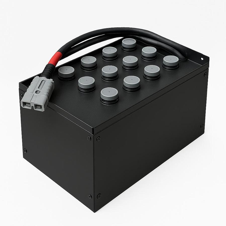 Reconditioned 24V lead‑acid forklift battery in steel case with top cable leads, compact 85‑plate design, photographed on a white background.
