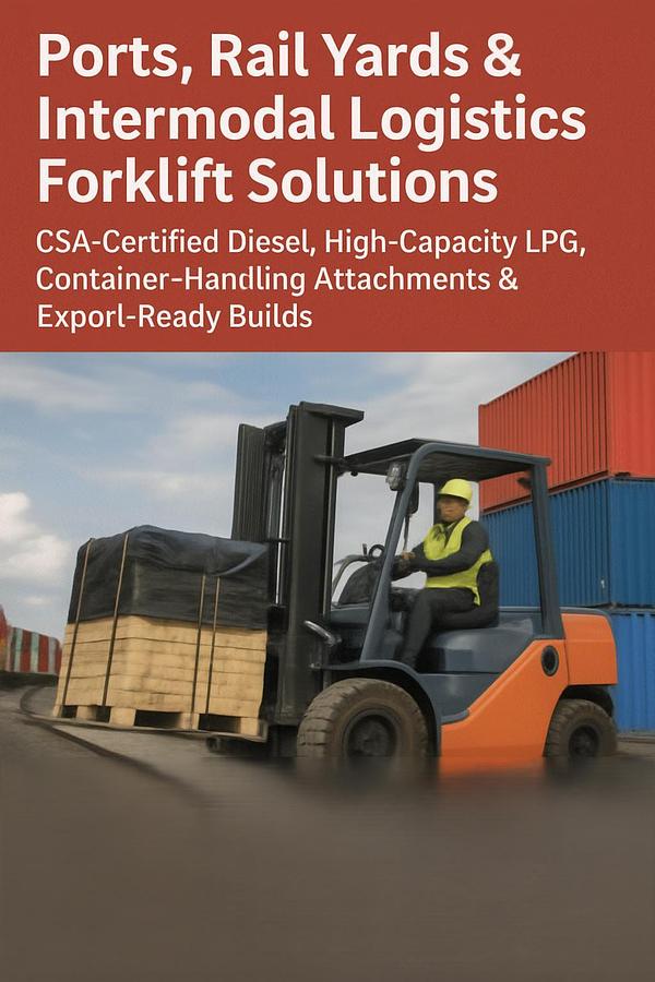 CSA‑certified pneumatic‑tire forklift with overhead guard lifting bundled lumber in an outdoor building‑products yard with long‑load racking and uneven terrain.