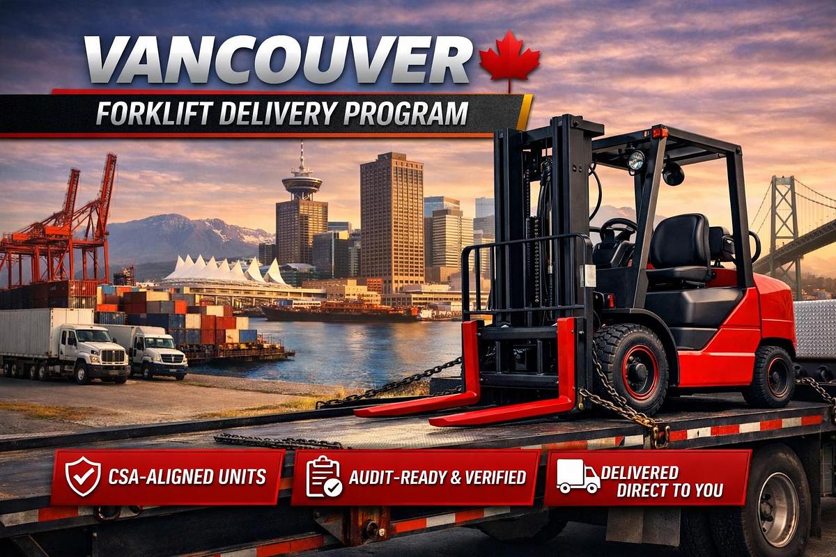 Vancouver Forklift Delivery Program — CSA‑aligned, audit‑ready electric forklift on flatbed transport with Vancouver skyline, Canada Place, port cranes, and Lions Gate Bridge in background; Premier Lift Equipment Canada‑wide delivery.