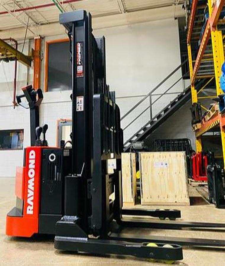 "Side view of refurbished Raymond RSS walkie straddle stacker with 42-inch forks