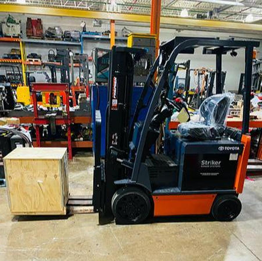 Side view of 2016 Toyota 8FBCU20-COMP electric forklift – CSA-ready 4,000 lb compact 4-wheel chassis with 189” triple mast, side shift, and cushion tires shown reconditioned with new 36V battery and boxed charger upgrade available in Brampton ON – Premier Lift Equipment