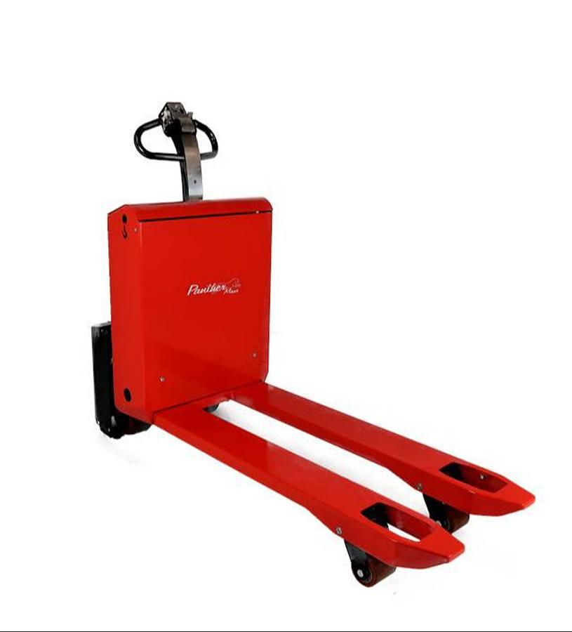 Front angled view of sold new 2022 Interthor Logiflex MOVER VV electric walkie pallet jack showing fork options, battery compartment, and CSA certification decal during Brampton deployment.