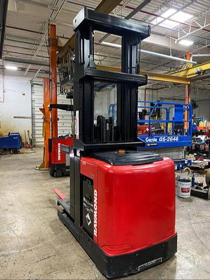 alt="2017 Raymond 540-OPC30TT CSA Certified Electric Order Picker rear angled view, 118 inch collapsed mast"