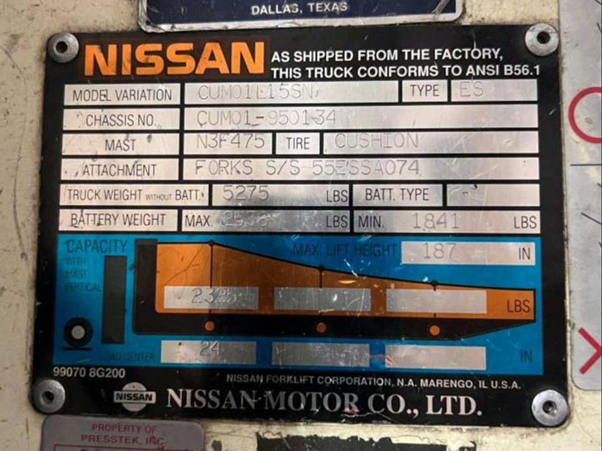 Data plate of Budget Nissan CUM01L15SN older electric forklift, non‑CSA.