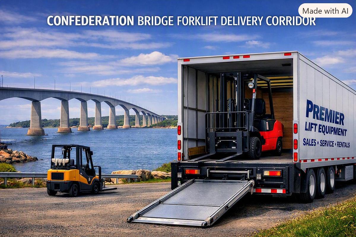 UPremier Lift Equipment truck with forklift at Confederation Bridge, representing CSA‑aligned corridor delivery route to Charlottetown and Summerside.