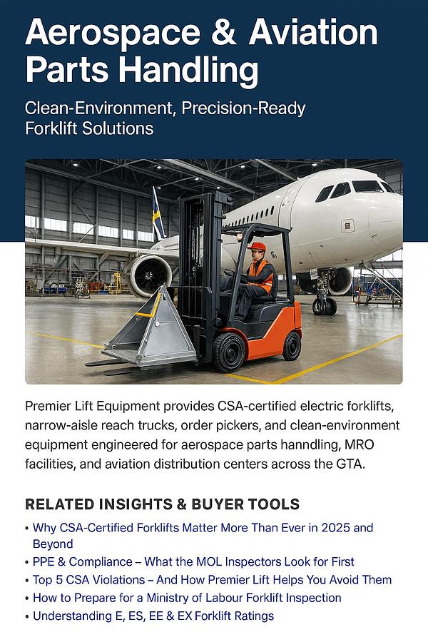 Electric forklift operating in a clean aerospace hangar, lifting precision components near a commercial aircraft — CSA-certified equipment for aviation parts handling.