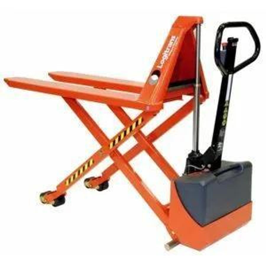 Side view of refurbished electric high‑lifter pallet truck showing scissor lift action, ergonomic handle, and CSA certification decal during Mississauga deployment