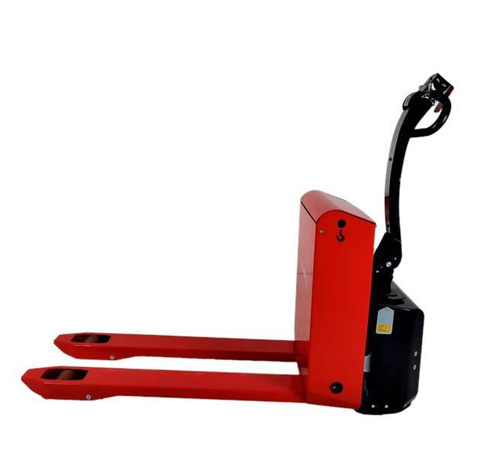 Side view of sold new 2022 Interthor Logiflex MOVER VV electric walkie pallet jack showing 21.5" x 45" or 27" x 48" forks, 3,300 lb capacity, and CSA certification decal during Brampton deployment.