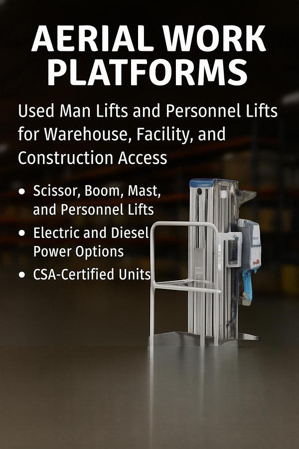 Compact vertical mast personnel lift with non‑marking wheels, elevated platform, and CSA‑certified controls for indoor warehouse maintenance.