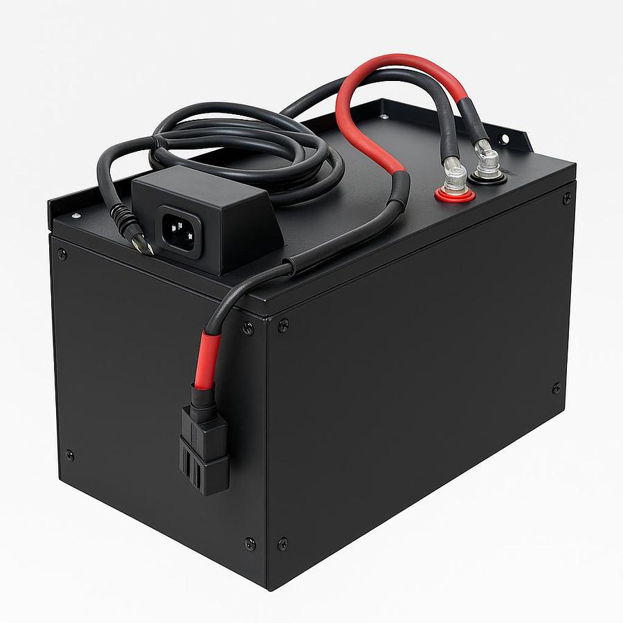 Reconditioned 24V forklift battery with steel case, top cables, and clean industrial finish on a white background.