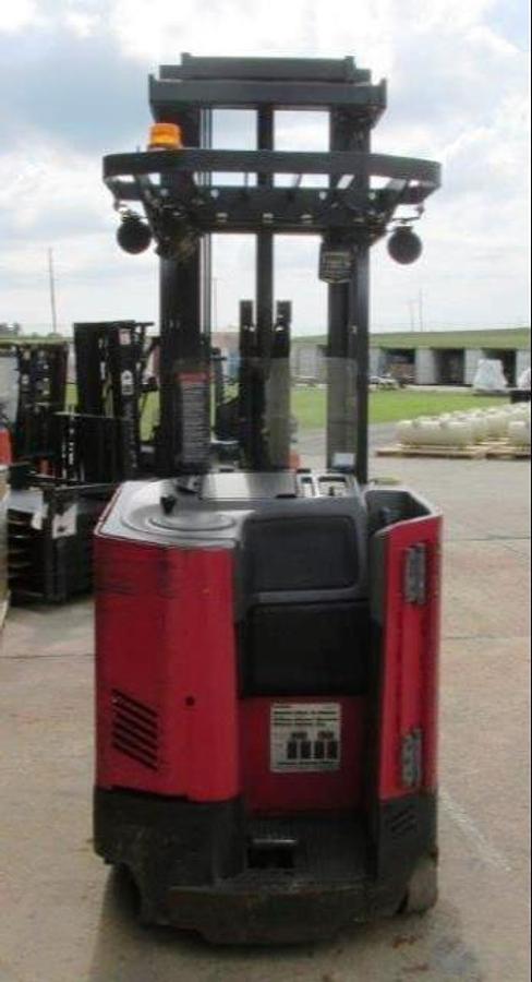 Rear view of refurbished 2012 Raymond EASIR45TT electric reach truck showing counterweight, battery door, and rear chassis panel during Mississauga deployment