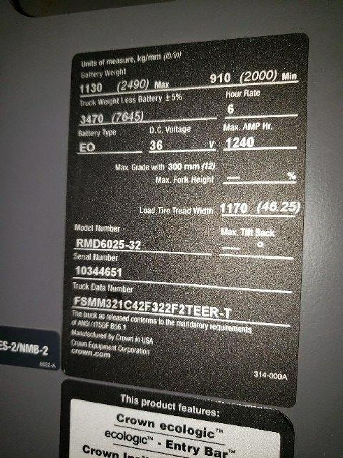 Spec plate of 2021 Crown RMD6025-32 Reach Truck | Model, serial number, capacity, voltage, and mast height visible | CSA Certified | Brampton ON