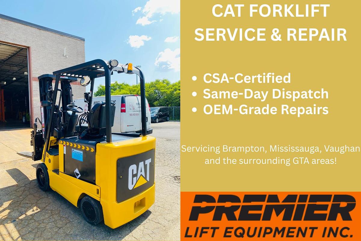 CSA-certified technician servicing Cat, Mitsubishi, and UniCarriers reach trucks in Brampton warehouse