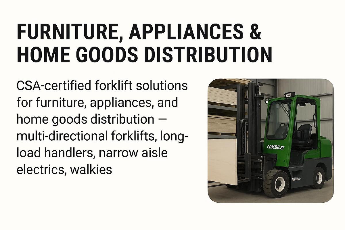 UsedCSA‑certified multi‑directional forklift handling long furniture panels in a warehouse with narrow aisles and high‑density racking.