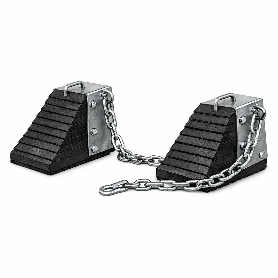 Heavy‑duty laminated wheel chock set with galvanized steel side plates, connecting safety chain, and compressed rubber layers on a white background.