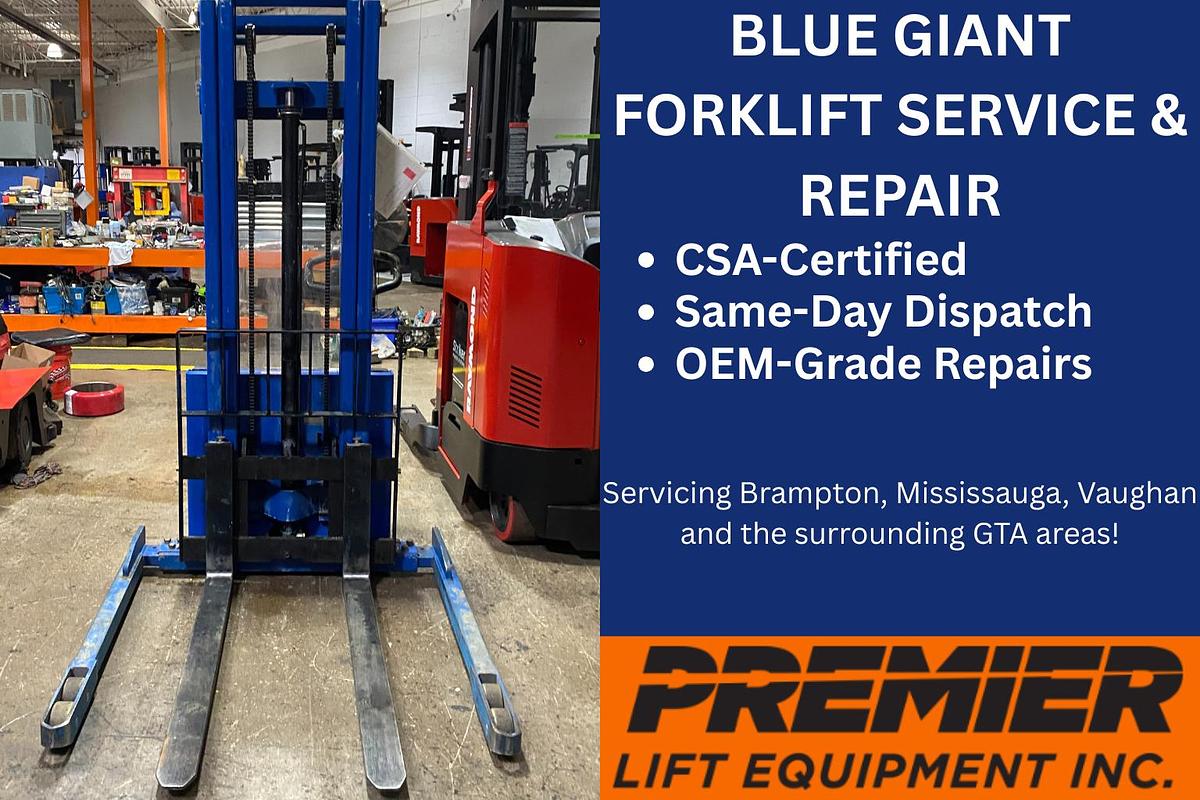 CSA-certified technician servicing Blue Giant dock lift and walkie stacker in Vaughan warehouse