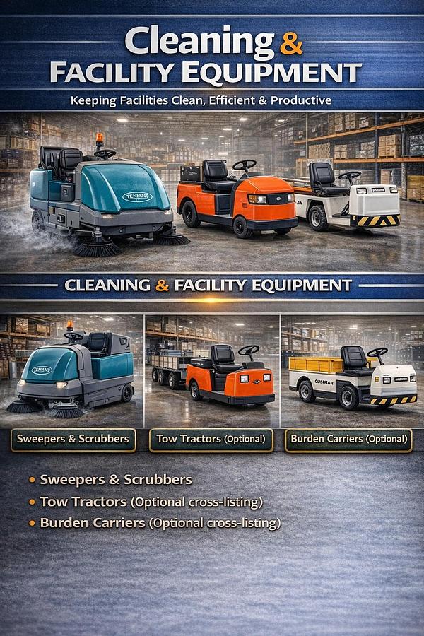 Q1: What equipment is included in this category? Sweepers, scrubbers, tow tractors, and burden carriers for facility operations.  Q2: Are sweepers and scrubbers suitable for large warehouses? Yes — ride‑on and walk‑behind units are available for all facility sizes.  Q3: Do tow tractors work in narrow‑aisle environments? Yes — compact tow tractors are designed for tight warehouse layouts.  Q4: What industries use burden carriers? Manufacturing, automotive, warehousing, and large industrial facilities.  Q5: Do you offer service and repair for cleaning equipment? Yes — full service, repair, and maintenance programs are available.  Q6: Can these machines be used in cold storage? Yes — cold‑rated models are available for low‑temperature environments.  Q7: Are rentals available? Yes — sweepers, scrubbers, and tow tractors are available for short‑term and long‑term rental.  Q8: Do you support multi‑facility standardization? Absolutely — cleaning and facility equipment can be deployed across multiple sites.  Q9: Are these machines compatible with safety‑equipment upgrades? Yes — lighting, mirrors, and visibility enhancements can be added.  Q10: What problems does this category solve? It improves facility cleanliness, enhances productivity, reduces manual labor, and supports efficient material movement.