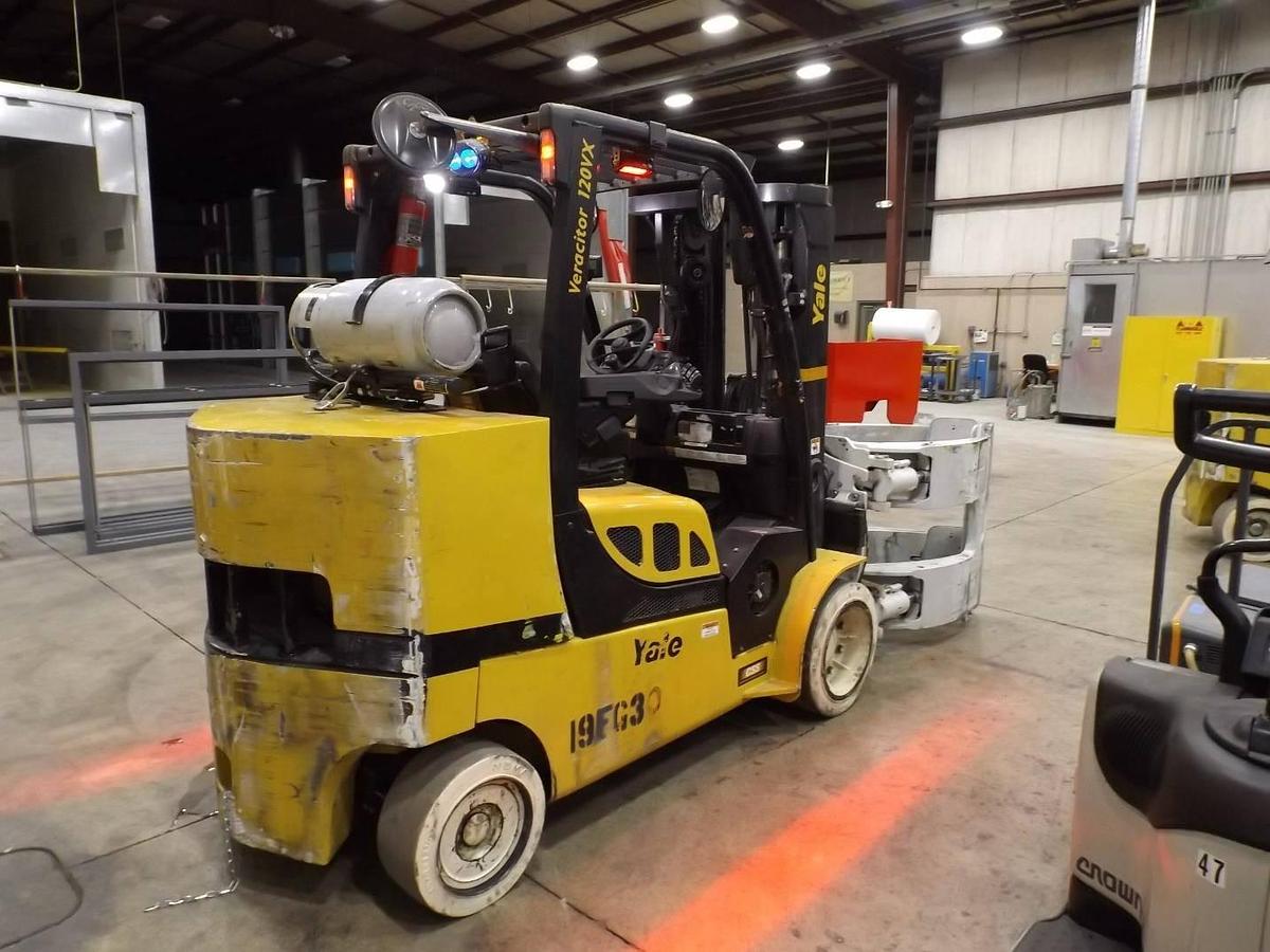 Rear side corner view of Yale GLC120VX showing cushion tires, counterweight, and compact chassis – CSA certified LP forklift in Brampton ON