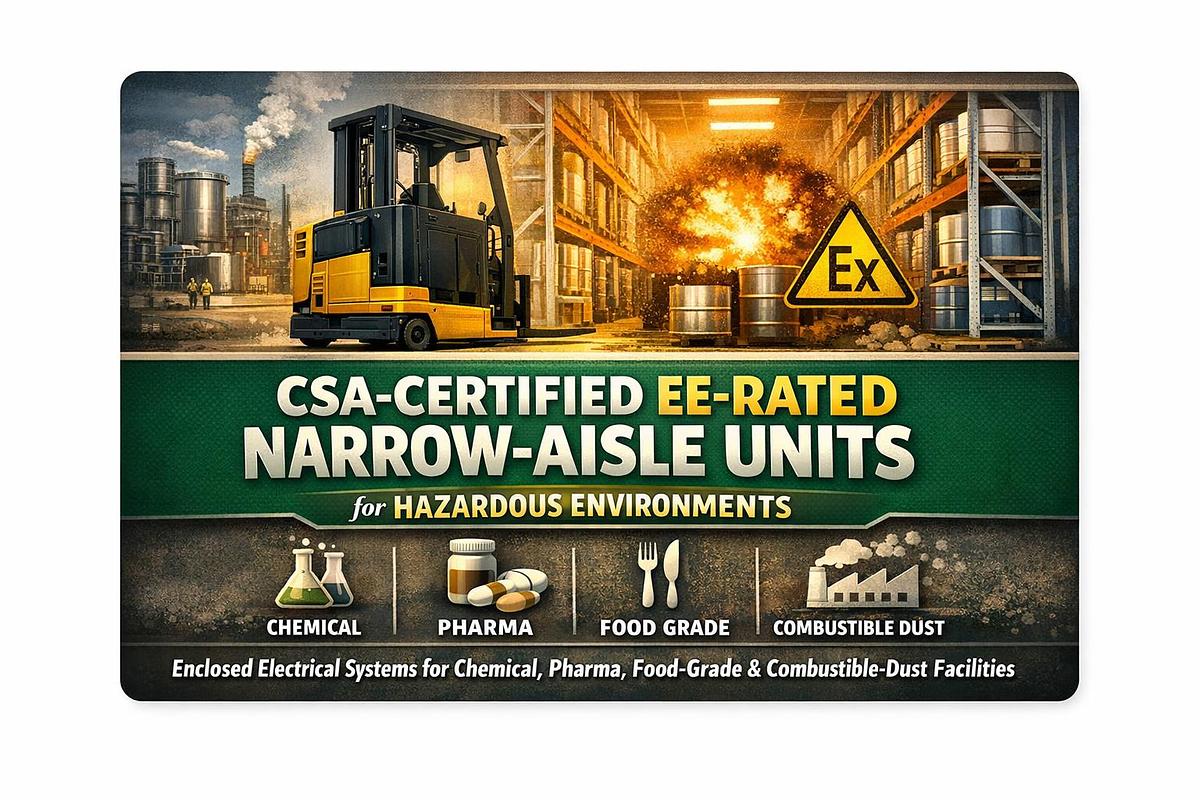 CSA‑certified EE‑rated narrow‑aisle electric forklift with enclosed electrical systems for hazardous environments, ideal for chemical, pharmaceutical, food‑grade, and combustible‑dust facilities